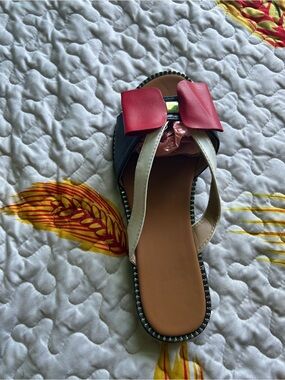 Angel Black Slide Mule with Red Bow and Cream Straps